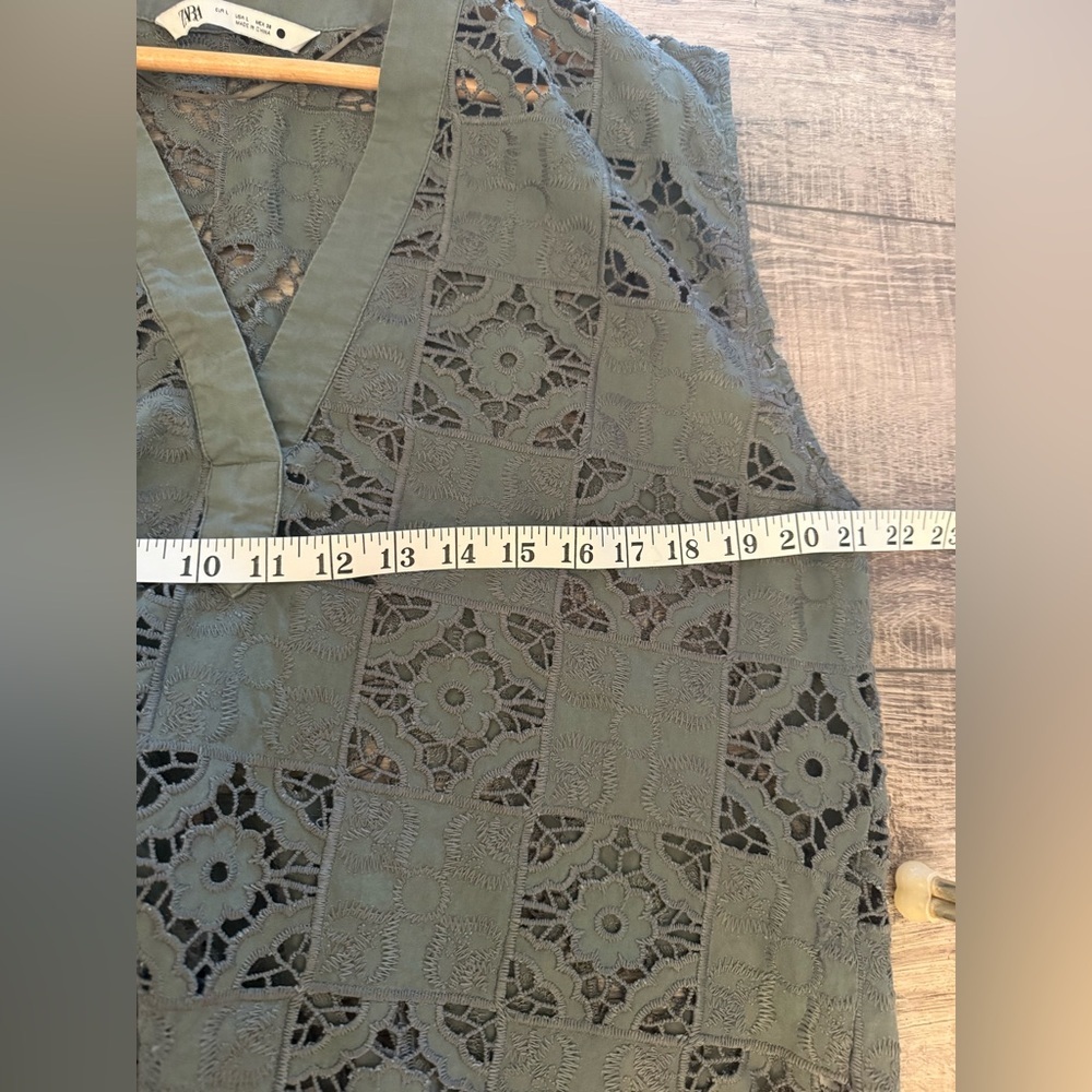 Zara Open Work Embroidered Tunic Blouse Large Khaki Green - Picture 5 of 7